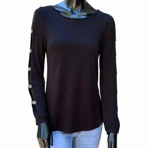 Cable & Gauge Long Slit-Sleeve Rhinestone Jewel Embellished Top